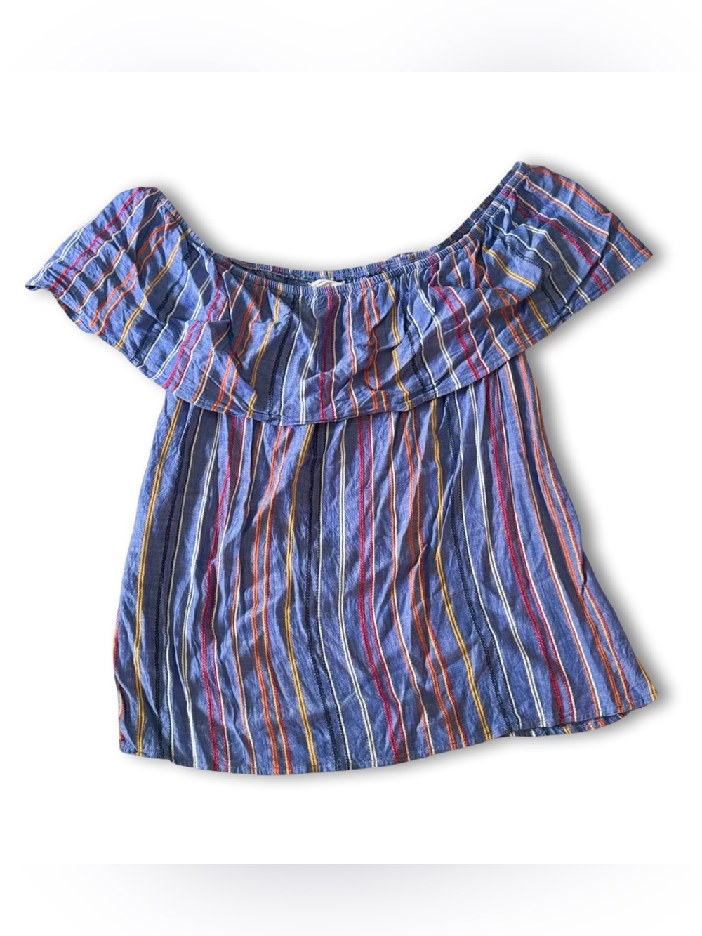 Socialite Coastal Summer Embroidered Stripe Off Shoulder Ruffle Blouse